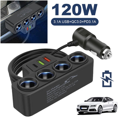 Fast Charger Plug QC3.0+PD 3.1A 12V-24V Phone Power Adapter 4-Socket 120W Car Cigarette Lighter Socket Splitter Plug 3 USB Ports