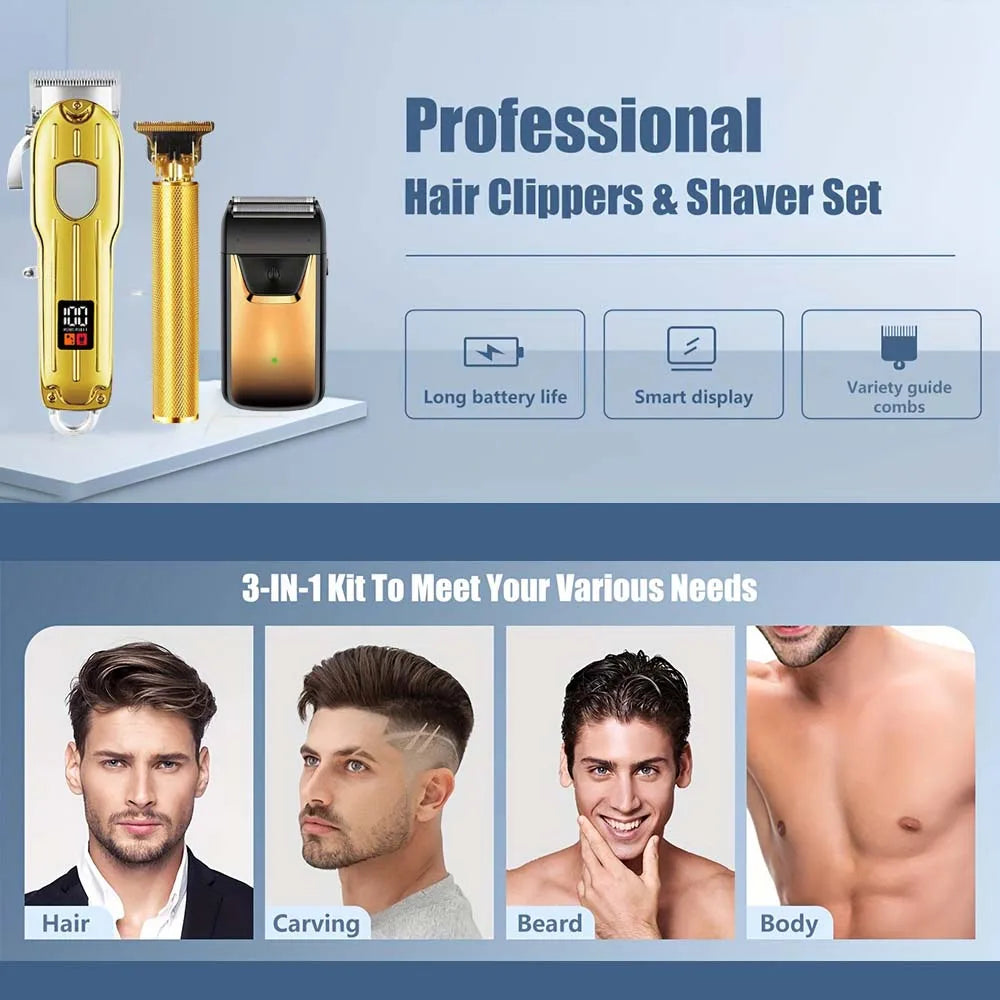 Professional Hair Clipper and Trimmer Set Men Electric Razor Shavers Beard Trimmer Rechargeable Barber Clippers Haircut Kit - Smarsty