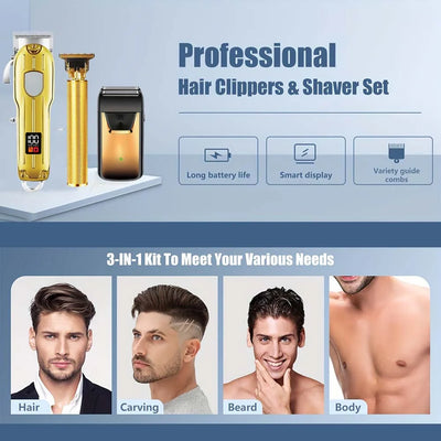 Professional Hair Clipper and Trimmer Set Men Electric Razor Shavers Beard Trimmer Rechargeable Barber Clippers Haircut Kit - Smarsty