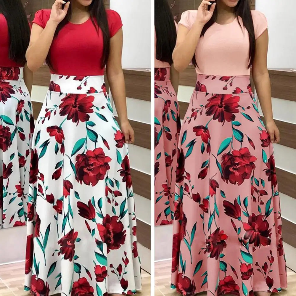 Elegant Women's Long Dress Flower Retro Printed Patchwork Long Sleeve Banquet Maxi Robe S-5XL - Smarsty