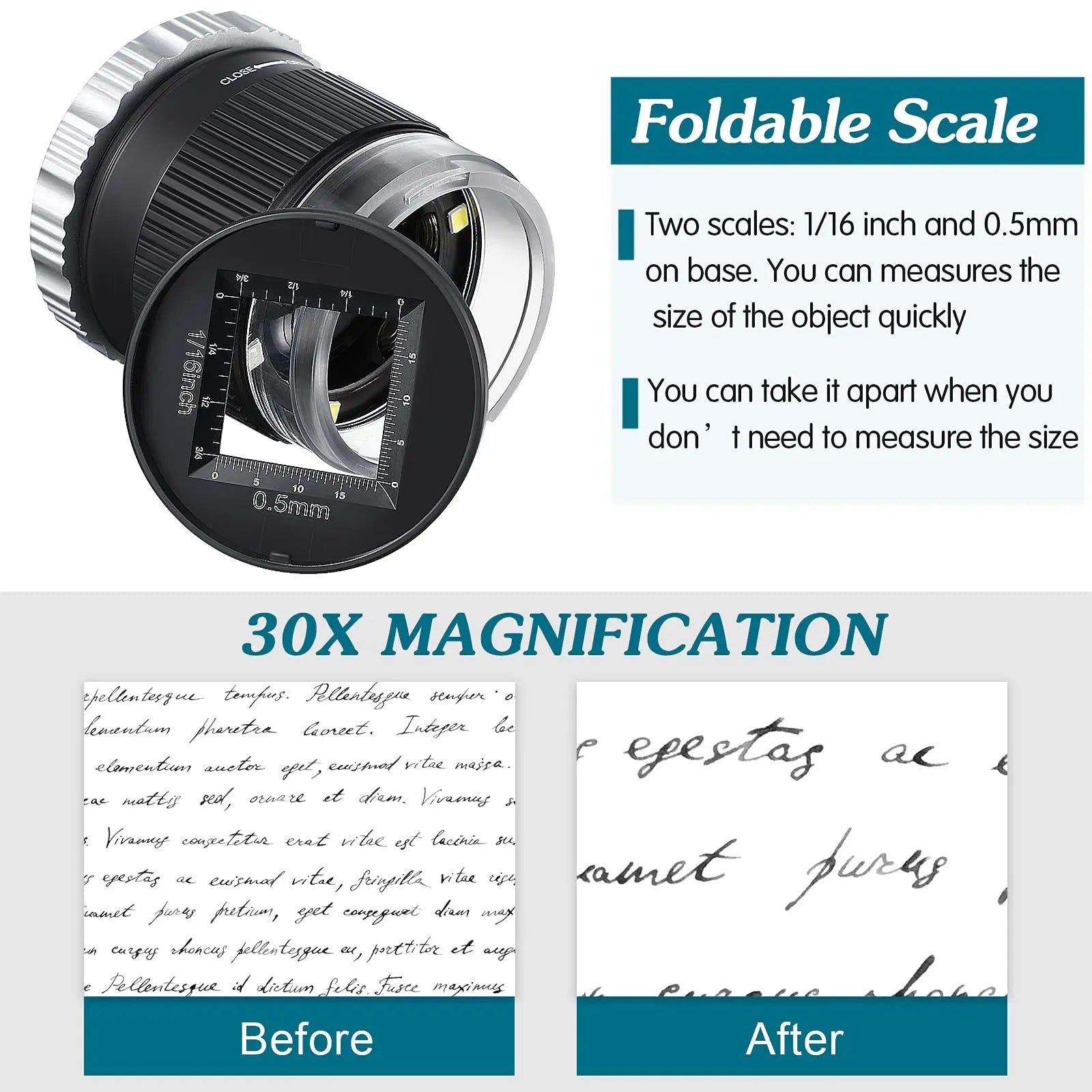 30X Pocket Magnifier with LED Light for Jewelry - Smarsty