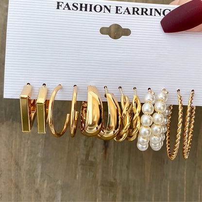 Boho Gold Circle Hoop Earrings Set with Vintage Pearl Design - Smarsty