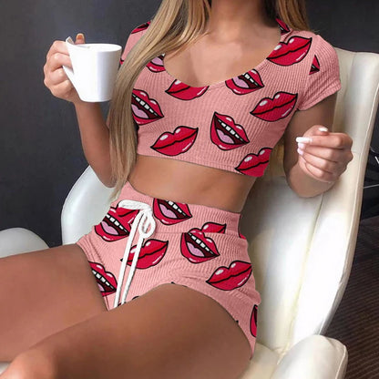 Summer Short Sexy Casual Lips Print Female Sleepwear Suit Pajamas Top+Pants Skinng Women Homewear Underwear - Smarsty