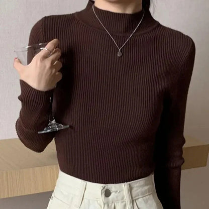 Autumn Winter Mock Neck Women Sweater Vintage Basic Solid Knitted Tops Casual Slim Pullover Korean Sweaters Simple Chic Jumpers - Smarsty