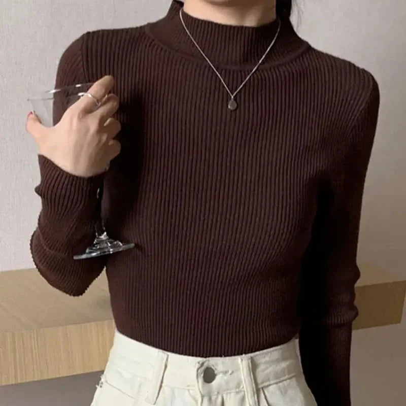 Autumn Winter Mock Neck Women Sweater Vintage Basic Solid Knitted Tops Casual Slim Pullover Korean Sweaters Simple Chic Jumpers - Smarsty