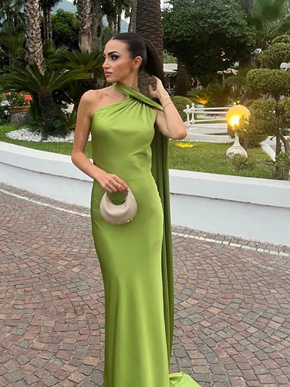 Elegant Solid Ribbon Women Halter Dress Off Shoulder Sleeveless Backless Slim Female Maxi Dresses 2025 Summer New Chic Lady Robe - Smarsty