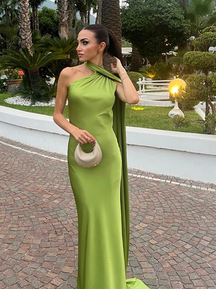Elegant Solid Ribbon Women Halter Dress Off Shoulder Sleeveless Backless Slim Female Maxi Dresses 2025 Summer New Chic Lady Robe - Smarsty