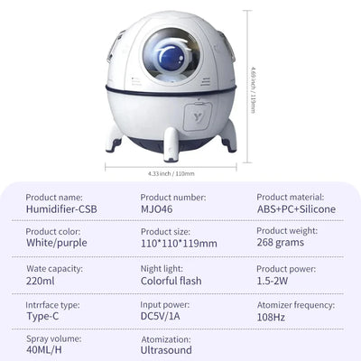 USB Rechargeable Space Capsule Air Humidifier with Colorful Light - Smarsty