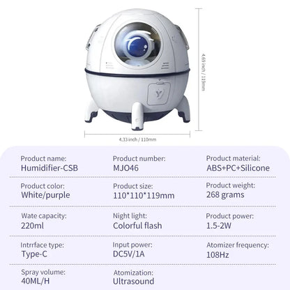 USB Rechargeable Space Capsule Air Humidifier with Colorful Light - Smarsty