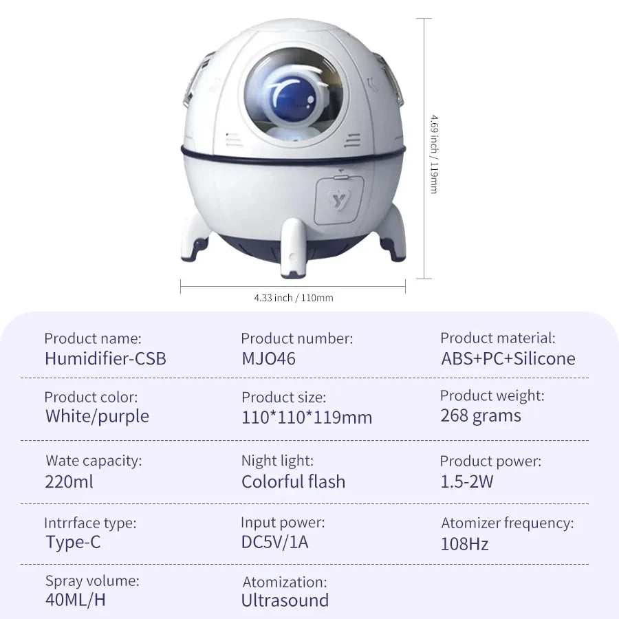 USB Rechargeable Space Capsule Air Humidifier with Colorful Light - Smarsty