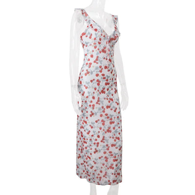 Cryptographic Summer Floral Print Plunge Maxi Dress Outfits Sexy Backless Fairy Sun Dresses Vacation Beachwear Vestido Coquette - Smarsty