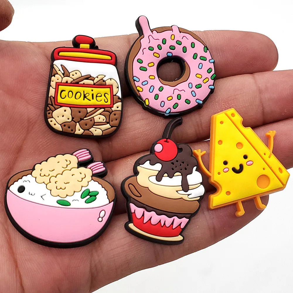 20pcs Food Series Cake Pizza PVC Shoe Charms Accessories Clogs Bubble Slides Sandals Shoe Buckles Decorations Pins Kids Gifts