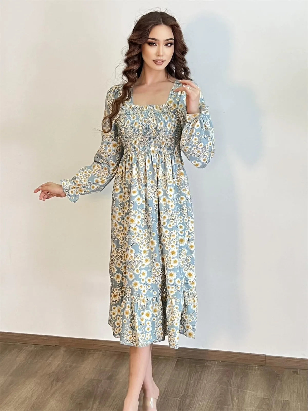 Long Sleeve Casual Dress Women Chiffon Dresses Autumn Spring A-line Printed Floral Elastic Chest Lace Up Midi Dresses Vestidos - Smarsty