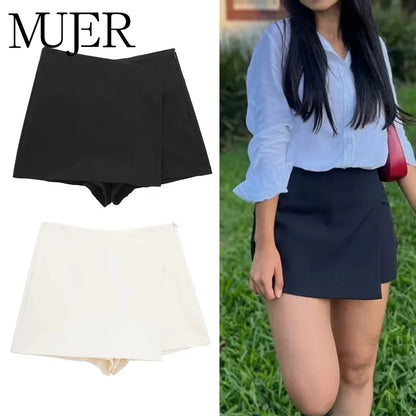MUJER 2025 Asymmetric Skort For Women Black High Waist Mini Skirt Shorts Women Casual Bermuda Shorts Woman Summer Skirt Shorts - Smarsty