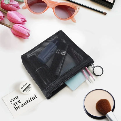 1PC Travel Black Mesh Cosmetic Bag Zipper Makeup Bag For Women Wash Toiletry Bag Makeup Organizer Portable Storage Pouch - Smarsty
