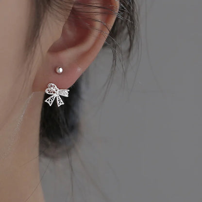 925 Sterling Silver Lace Heart Bow Stud Earrings Minimalist - Smarsty