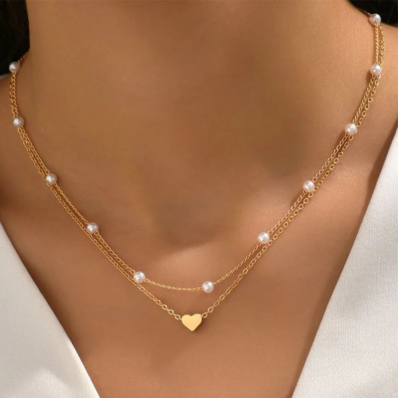 Women's Pearl Necklace Set with Heart Pendant - Smarsty