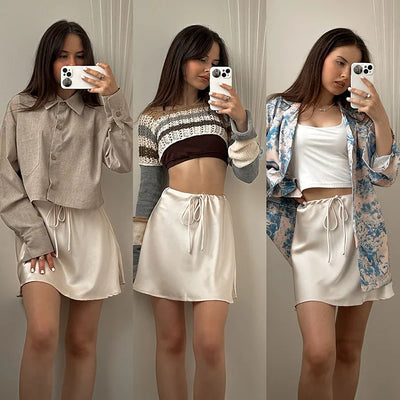 Satin Mini Skirts Women Summer Beige Silk Short Skirt For Woman Drawstring High Waist Black Satin Skirt A Line Women Short 2025 - Smarsty