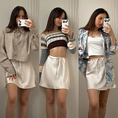 Satin Mini Skirts Women Summer Beige Silk Short Skirt For Woman Drawstring High Waist Black Satin Skirt A Line Women Short 2025 - Smarsty