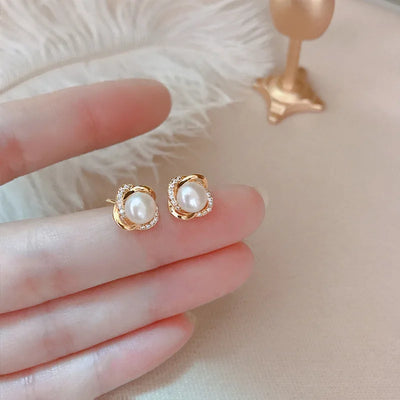 14K Gold Luxury Earrings With Zircon Pearl Twist Design - Smarsty