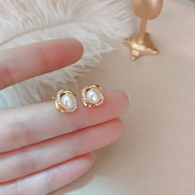 14K Gold Luxury Earrings With Zircon Pearl Twist Design - Smarsty