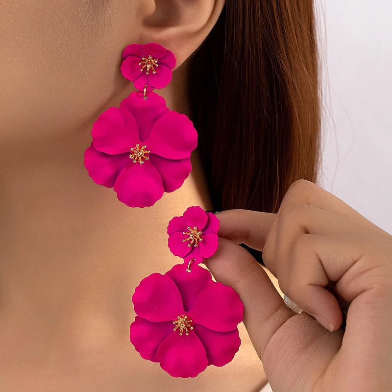 Fuchsia Flower Drop Earrings with Gold Plating for Women - Smarsty