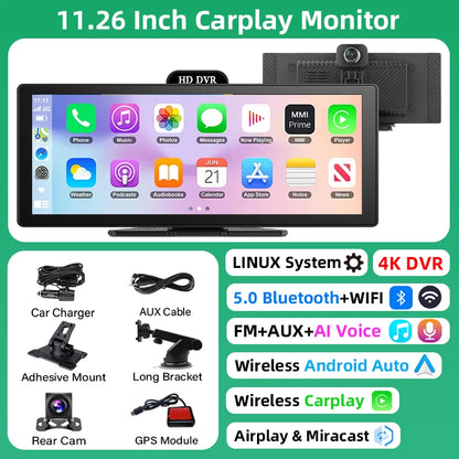4K Dash Cam With Dual Lens GPS Navigation Wireless CarPlay - Smarsty