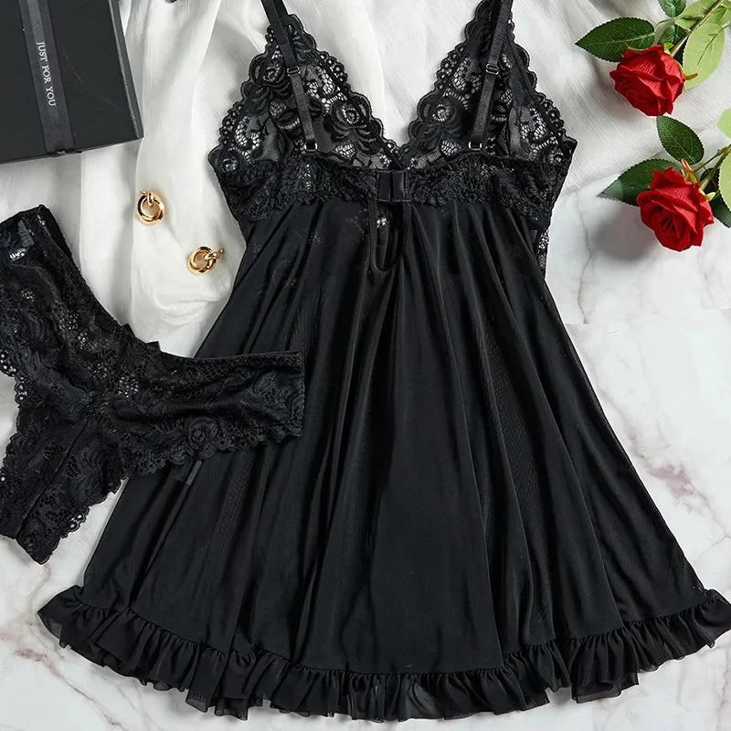 ALLTOOALL Women's Sleepwear Underwear Transparent Sexy Lace Red Lingerie Pijamas Sets Nightdress And Panty Female Nighty Clothes - Smarsty