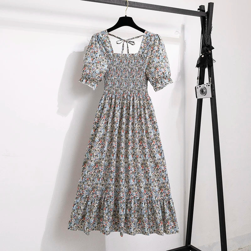 Summer Pleated Women Chiffon Dresses Casual Beach Holiday Short Sleeve Square Collar Woman Midi Dress Bohemian Mujer Vestidos - Smarsty