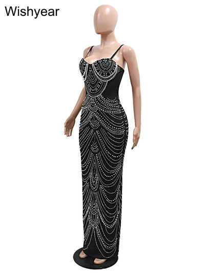 New Luxury Sparkly Crystal Rhinestone Pearl Celebrities Gown Brown Dress Woman Strap Evening Party Birthday Prom Wedding Vestido - Smarsty