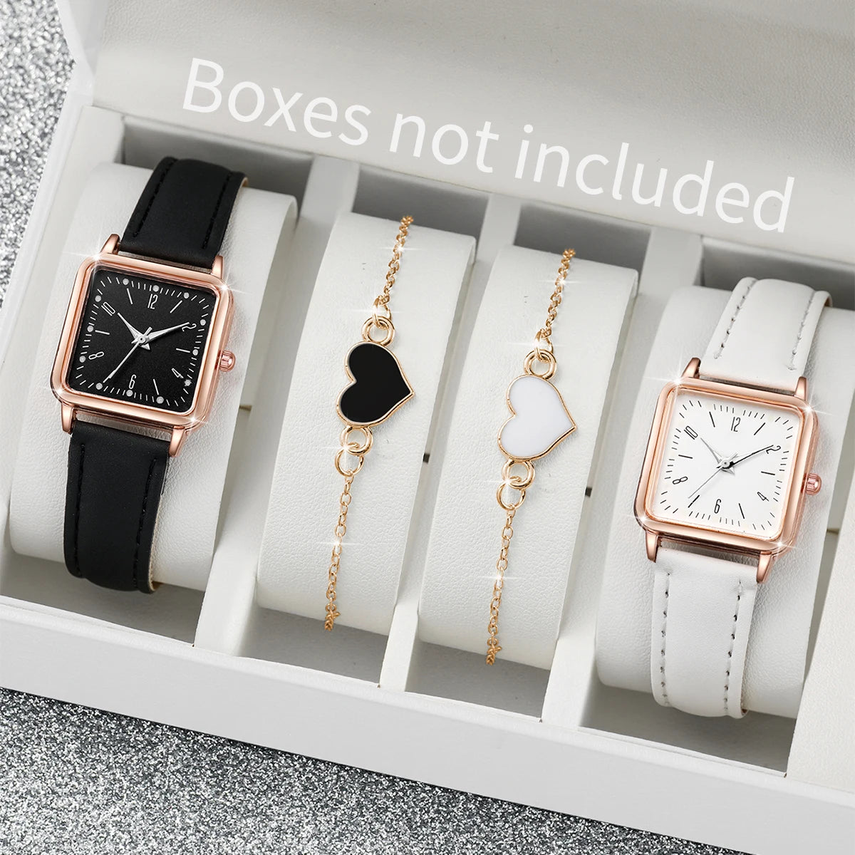 2/4PCS Fashion Square Women's Watch Leather Band Quartz Watches Heart Bracelet Set（Without Box） - Smarsty