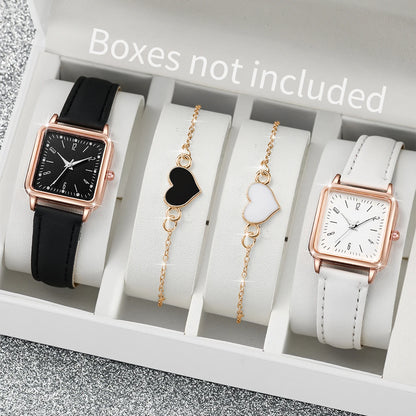 2/4PCS Fashion Square Women's Watch Leather Band Quartz Watches Heart Bracelet Set（Without Box） - Smarsty
