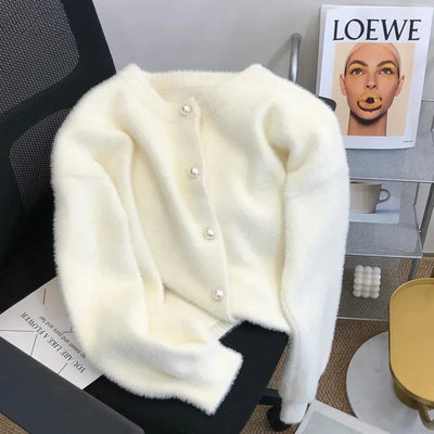 Korean Simple O-neck Single-breasted Imitation Mink Velvet Knitted Sweater 2023 Casual Loose Soft Pearl Buttons Cardigan Women - Smarsty