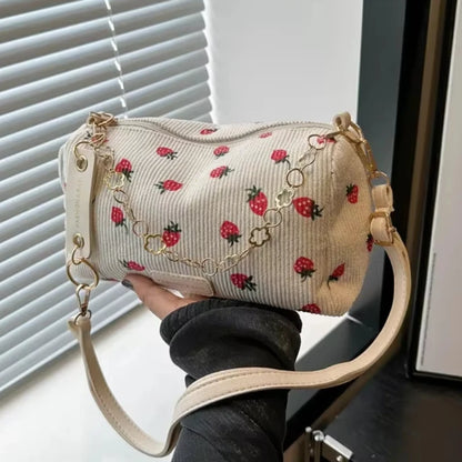 Corduroy Underarm Bag For Women Strawberry Print Mini Tote - Smarsty