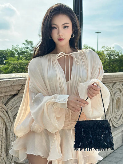 TWOTWINSTYLE Elegant Ruched Mini Dress For Women Round Neck Lantern Long Sleeve High Waist Temperament Dresses Female Fashion - Smarsty