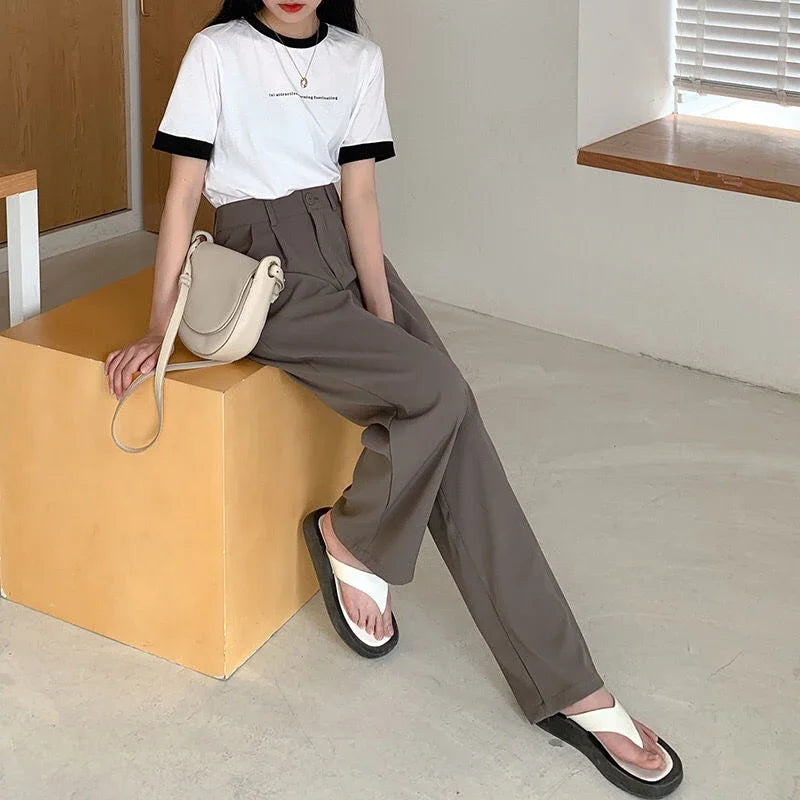 High Waist Women Suit Pants Fall Straight Office Ladies Korean Fashion Trousers Casual Button Loose Female Black Pants New 2024 - Smarsty