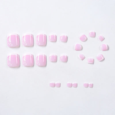French Flower Fake Toenails Short Square Press On Tips - Smarsty