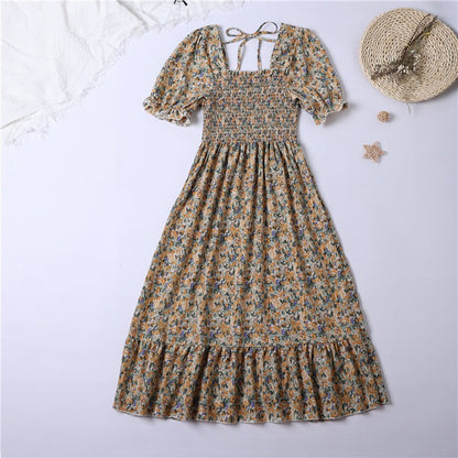 Summer Pleated Women Chiffon Dresses Casual Beach Holiday Short Sleeve Square Collar Woman Midi Dress Bohemian Mujer Vestidos - Smarsty