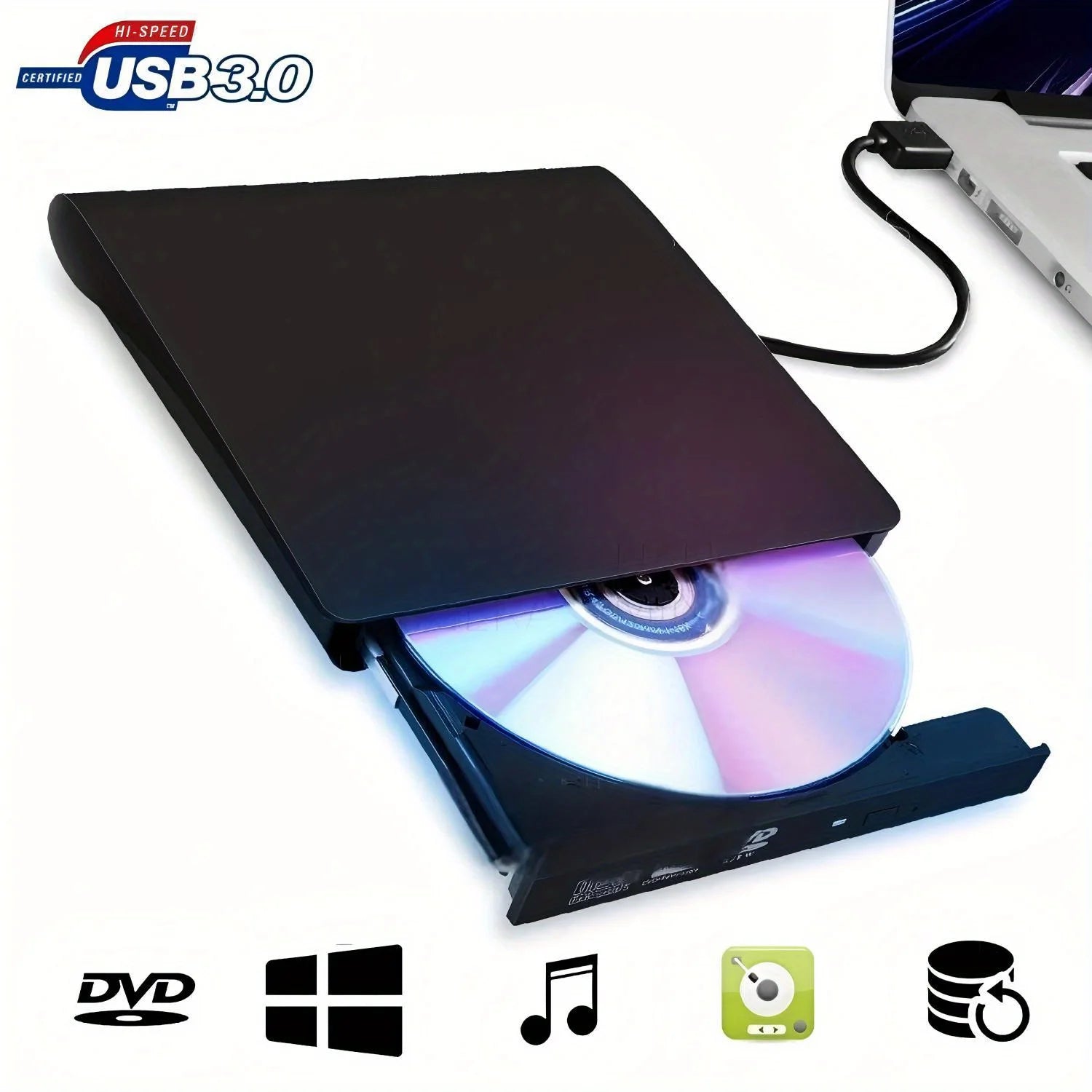 3.0 USB External DVD Drive - Portable CD/DVD +/-RW Burner Reader for Laptop, Windows, Linux - Perfect Plug and Play
