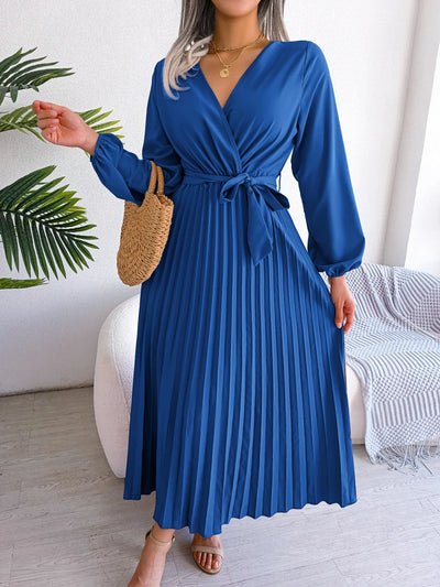 Women Elegant V Neck Long Sleeve Pleated Maxi Dress - Smarsty