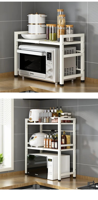 Carbon Steel Thickened Retractable Kitchen Shelf Microwave Rack Oven Rack Rice Cooker Rack Storage Household Double Layer by Smarsty