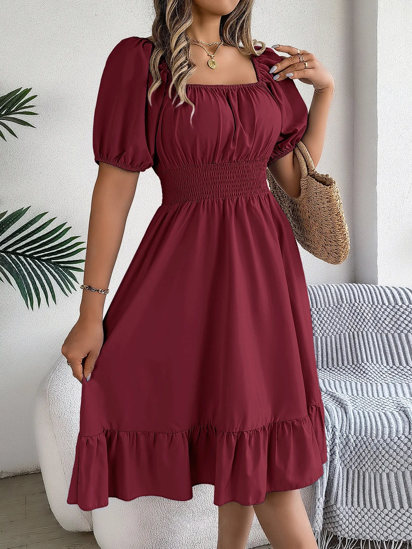 Women's MIidi Dresses 2024 Summer Casual Square Neck Short Sleeved Waist Ruffle Edge Dress Dress Women Elegant Платья Женские - Smarsty