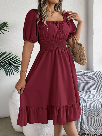 Women's MIidi Dresses 2024 Summer Casual Square Neck Short Sleeved Waist Ruffle Edge Dress Dress Women Elegant Платья Женские - Smarsty