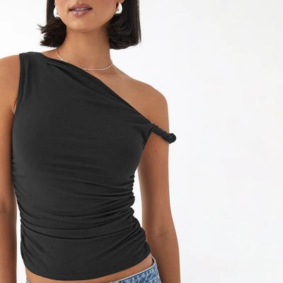 Simple Basic Casual Summer Tank Top Sleeveless Solid Color Off Shoulder Side Ruched Crop Tops Vestidos Spring Women T S - Smarsty