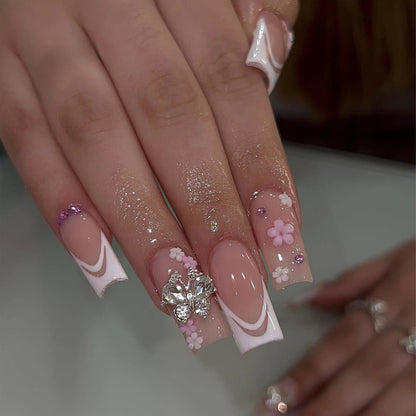 24pcs Pink Crystal Bow Press On Nails for Girls - Smarsty