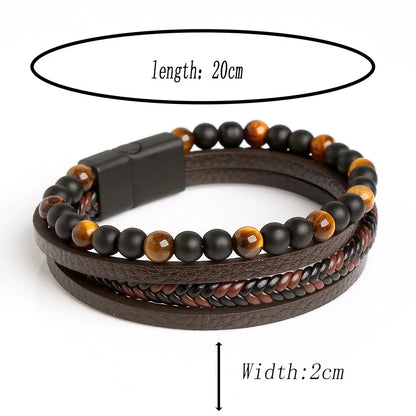 Men Leather Bracelet Multi Layer Tiger Eye Beaded Design - Smarsty
