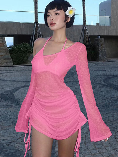 Dulzura Solid Skew Collar Ruched Straps Lace-Up See Through Draw String Mini Dress 2023 Summer  Women Party Clubwear Wholesale - Smarsty