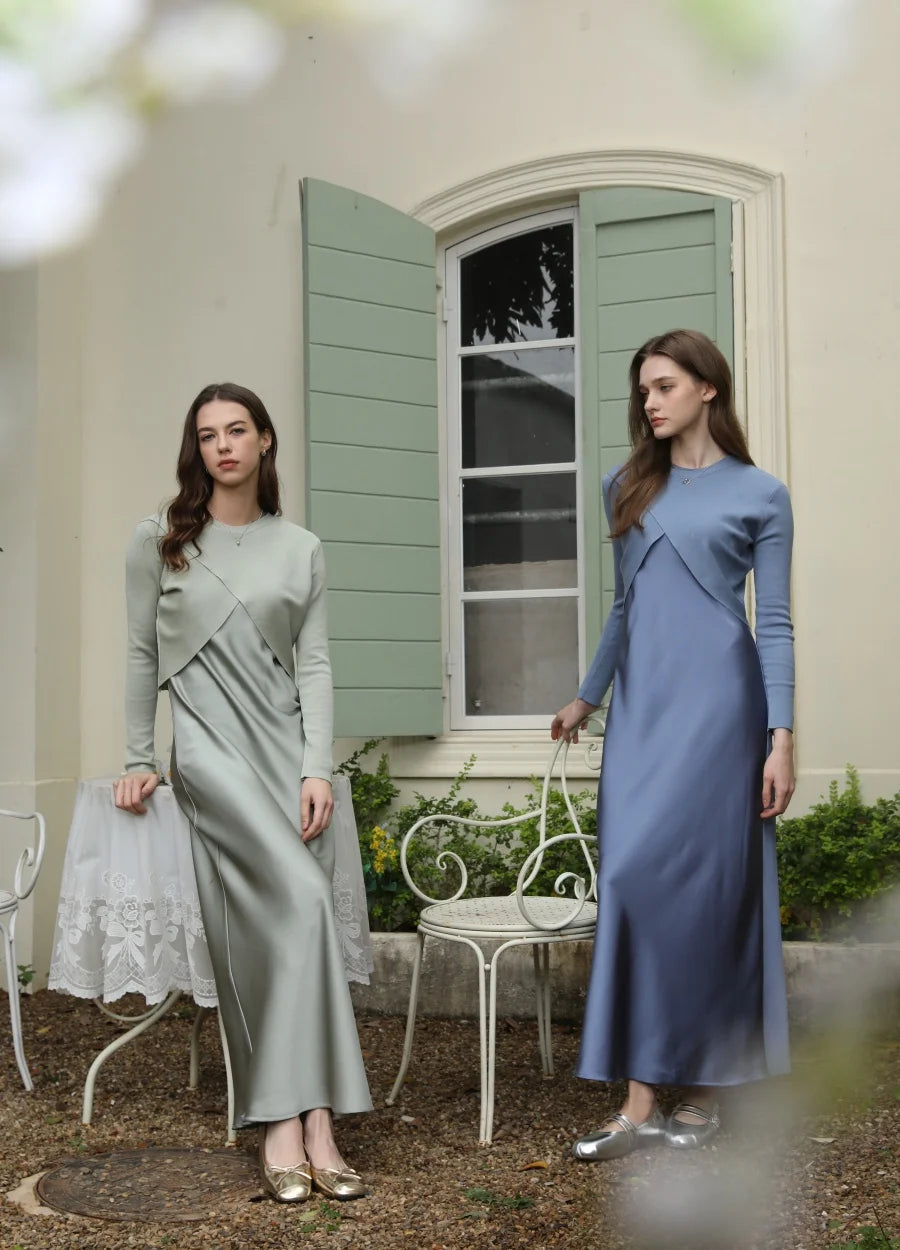 AS 2025 spring summer elegance satin dress + knitted top match set maxi floor length woman clothes
