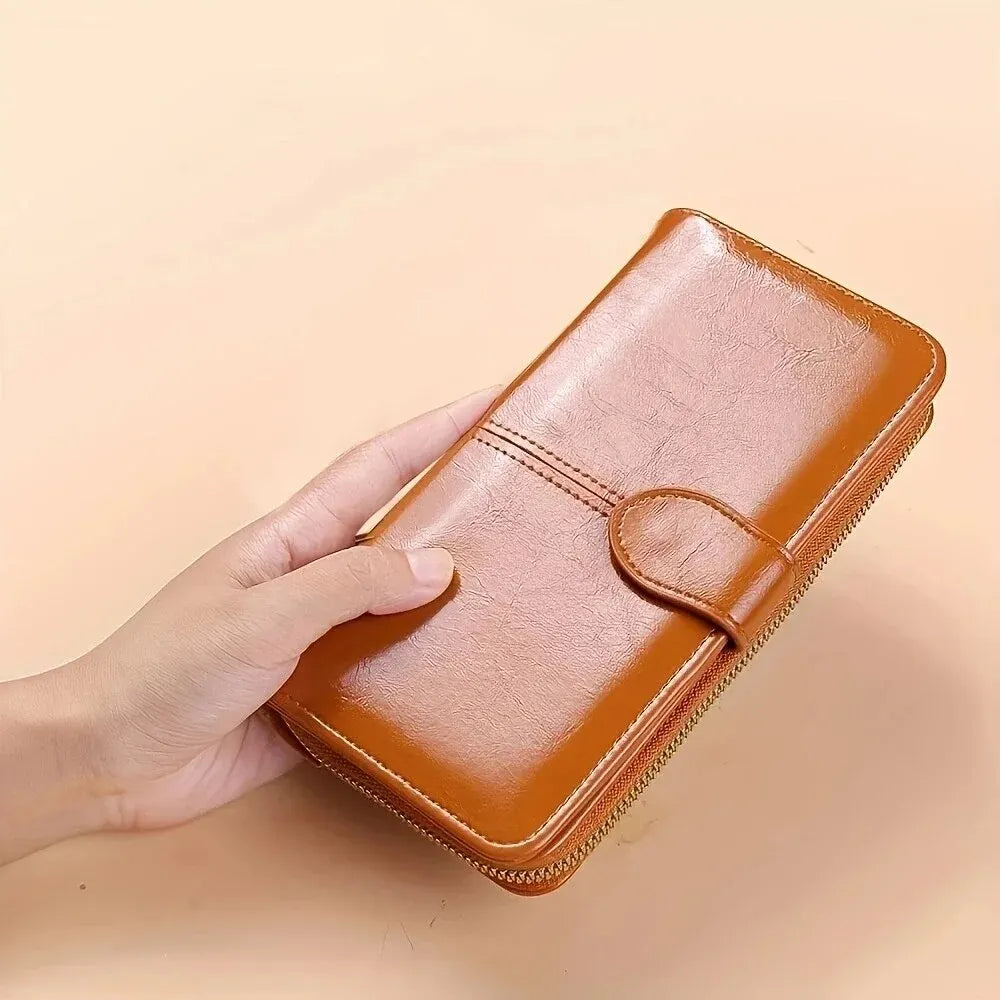 Women's Vintage Oil Wax PU Leather Clutch Wallet Female Large Capacity Phone Purse Ladies Wristband Simple Card Holder Pouch Bag - Smarsty
