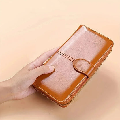 Women's Vintage Oil Wax PU Leather Clutch Wallet Female Large Capacity Phone Purse Ladies Wristband Simple Card Holder Pouch Bag - Smarsty